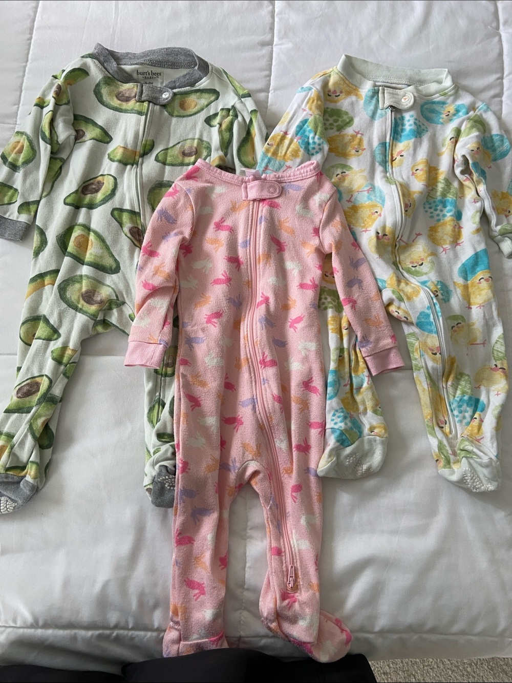 3 Baby Zip Footed Pajamas - Avocado, Pink bunnies, Yellow Chick Prints